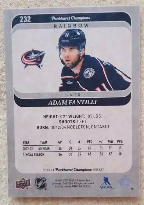 НХЛ Адам Фантилли Коламбус Блю Джекетс № 232 рейн 1