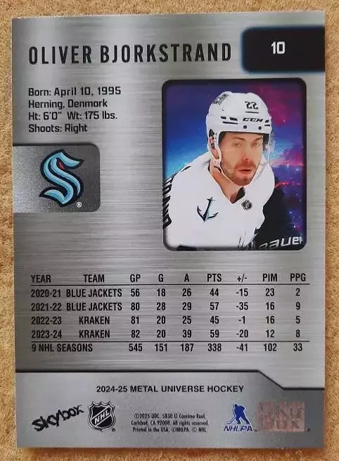 НХЛ Оливер Бьоркстранд Сиэтл Кракен № 10 1