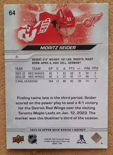 НХЛ Мориц Зайдер Детройт Ред Уингз № 64 1