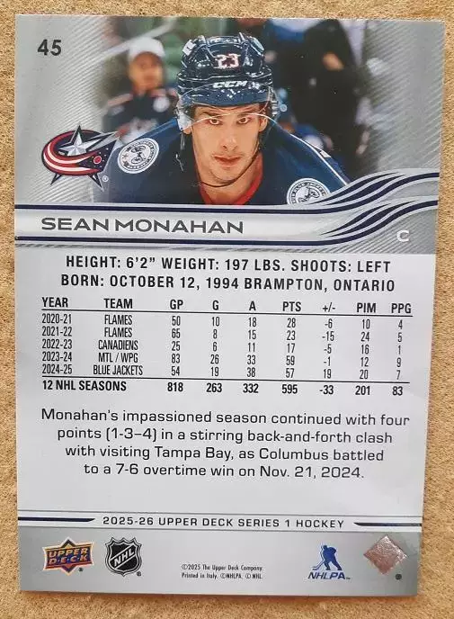 НХЛ Шон Монахан Коламбус Блю Джекетс № 45 1