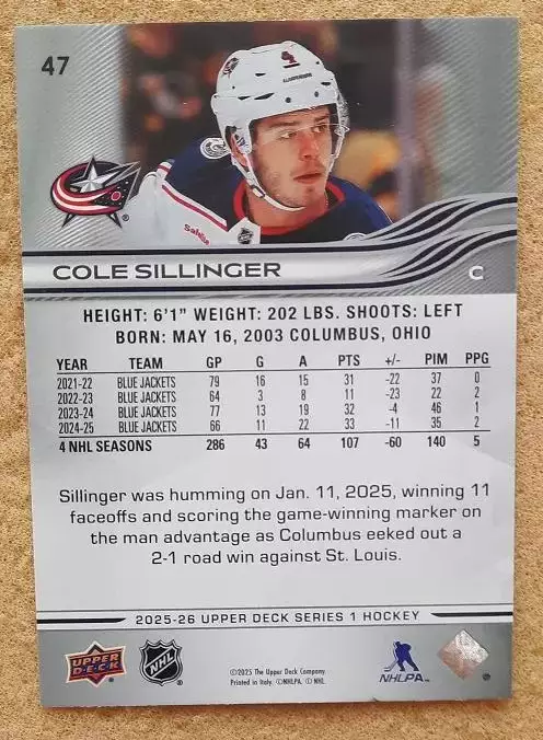 НХЛ Коул Силлинджер Коламбус Блю Джекетс № 47 1