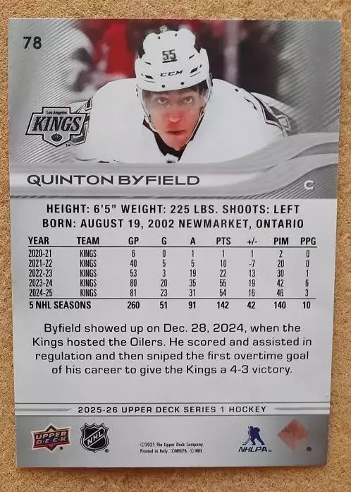 НХЛ Куинтон Байфилд Лос-Анджелес Кингз № 78 1