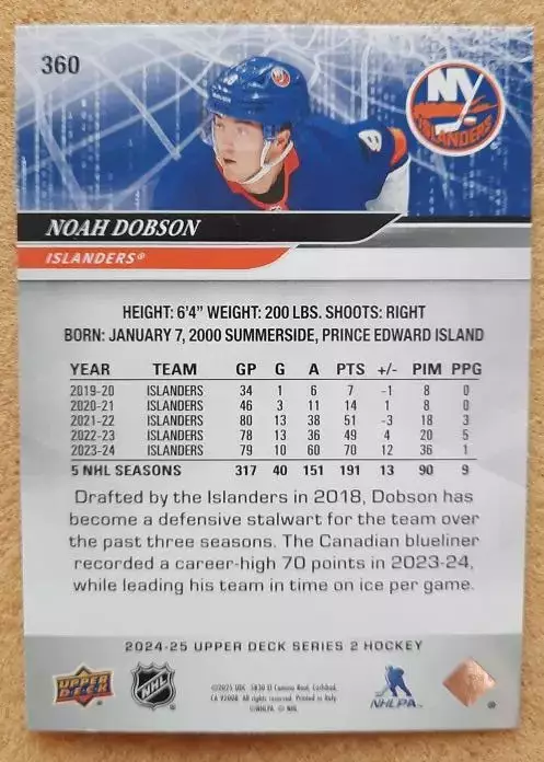 НХЛ Ноа Добсон Нью-Йорк Айлендерс № 360 1