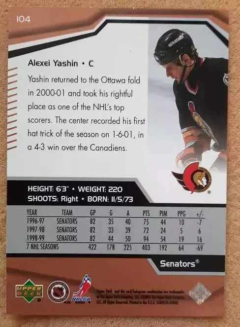 НХЛ Алексей Яшин Оттава Сенаторз Свердловск Динамо Москва ЦСКА Ярославль № 104 1