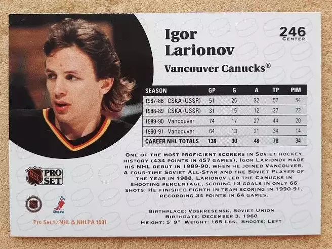 НХЛ Игорь Ларионов Ванкувер Кэнакс Воскресенск ЦСКА Москва № 246 1