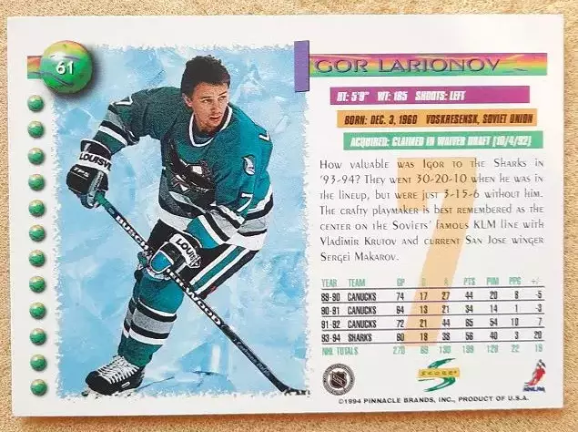 НХЛ Игорь Ларионов Сан-Хосе Шаркс Воскресенск ЦСКА Москва № 61 1