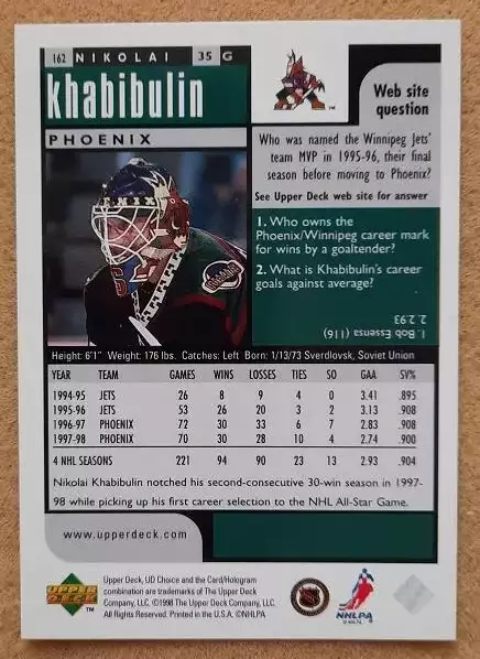 НХЛ Николай Хабибулин Финикс Койотис Свердловск ЦСКА Москва Ак Барс Казань № 162 1