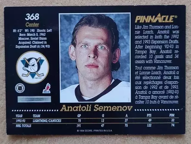 НХЛ Анатолий Семенов Анахайм Майти Дакс Динамо Москва № 368 1