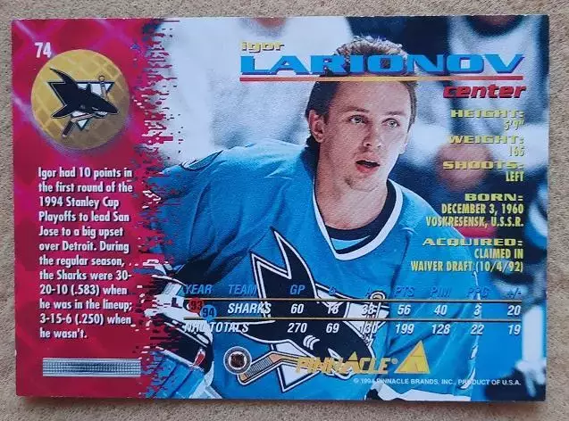 НХЛ Игорь Ларионов Сан-Хосе Шаркс Воскресенск ЦСКА Москва № 74 1