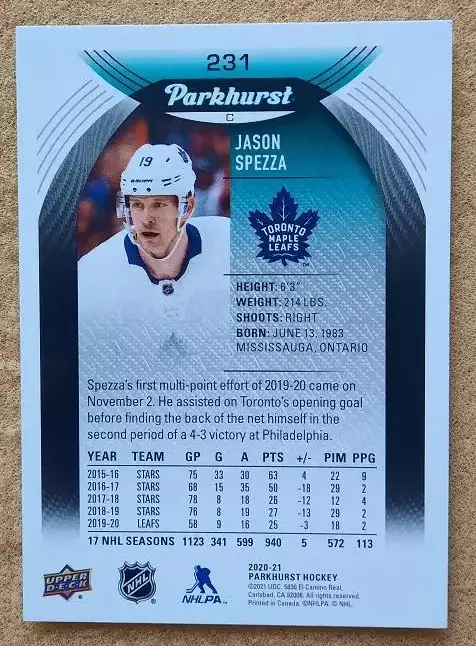 НХЛ Джейсон Спецца Торонто Мэйпл Лифс № 231 1