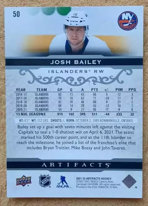 НХЛ Джош Бэйли Нью-Йорк Айлендерс № 50 1