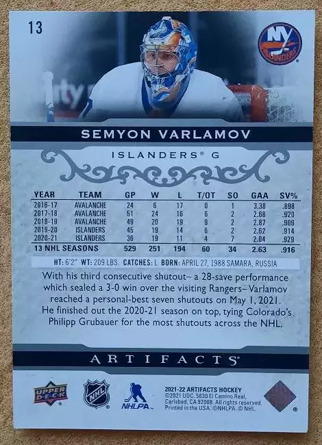 НХЛ Семен Варламов Нью-Йорк Айлендерс Локомотив Ярославль № 13 1