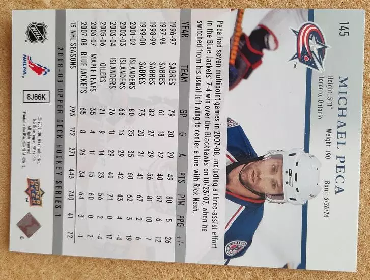 НХЛ Майкл Пека Коламбус Блю Джекетс № 145 1