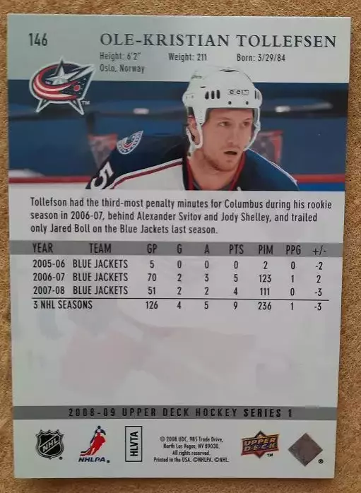 НХЛ Уле-Кристиан Толлефсен Коламбус Блю Джекетс № 146 1