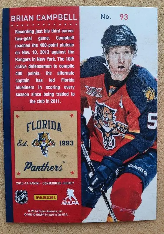 НХЛ Брайан Кэмпбелл Флорида Пантерз № 93 1