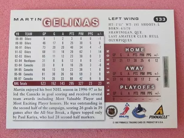 НХЛ Мартин Гелинас Ванкувер Кэнакс № 133 1