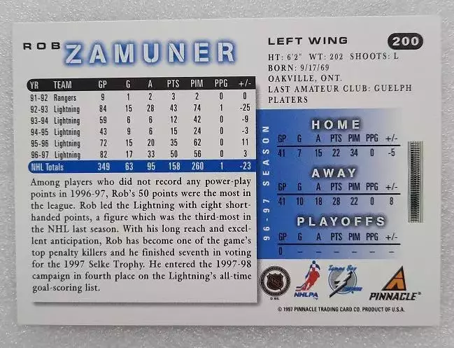 НХЛ Роб Замунер Тампа Бэй Лайтнинг № 200 1