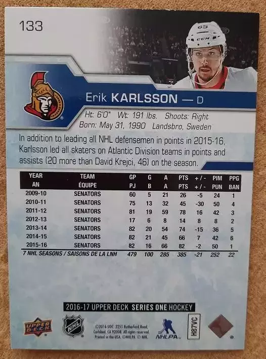 НХЛ Эрик Карлссон Оттава Сенаторз № 133 1