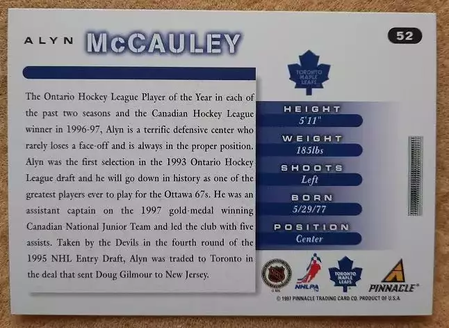 НХЛ Алин Макколи Торонто Мэйпл Лифс № 52 1