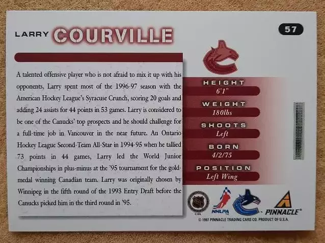 НХЛ Ларри Курвилль Ванкувер Кэнакс № 57 1