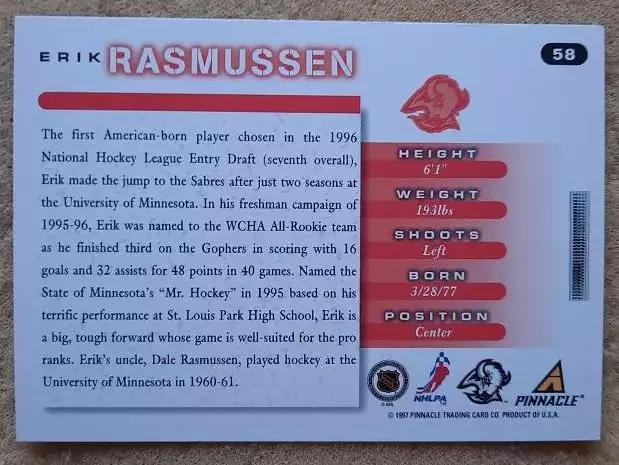 НХЛ Эрик Расмуссен Баффало Сейбрз № 58 1