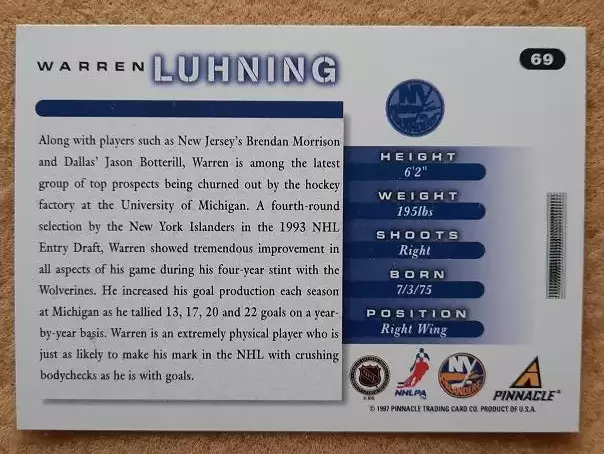 НХЛ Уоррен Лахнинг Нью-Йорк Айлендерс № 69 1