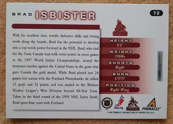 НХЛ Брэд Исбистер Финикс Койотис № 72 1