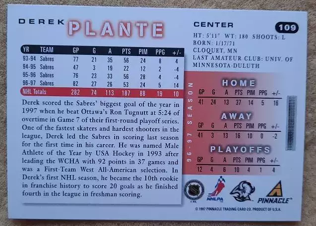 НХЛ Дерек Плант Баффало Сейбрз № 109 1