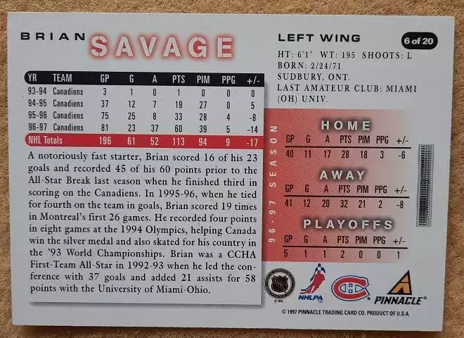 НХЛ Брайан Саваж Монреаль Канадиенс № 6 1