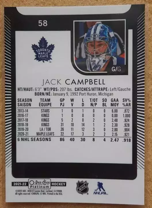 НХЛ Джек Кэмпбелл Торонто Мэйпл Лифс № 58 1