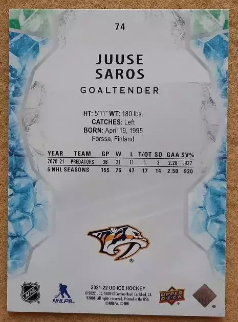 НХЛ Юусе Сарос Нэшвилл Предаторз № 74 1