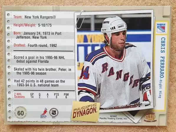 НХЛ Крис Ферраро Нью-Йорк Рейнджерс № 60 1