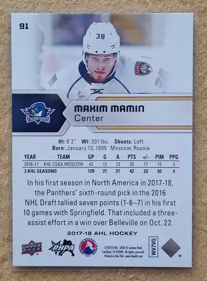 НХЛ Максим Мамин Спрингфилд Тандербёрдс ЦСКА Москва № 91 1