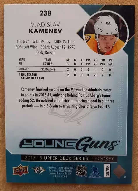НХЛ Владислав Каменев Нэшвилл Предаторз Стальные Лисы Магнитогорск № 238 1
