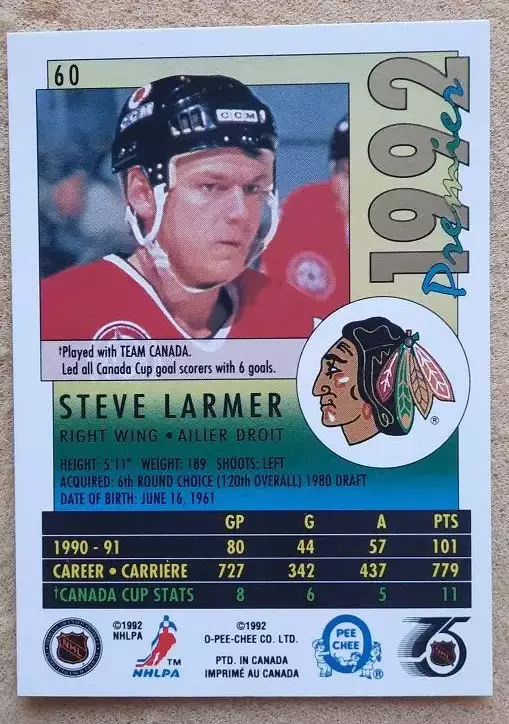 НХЛ Стив Лармер Чикаго Блэкхокс № 60 1