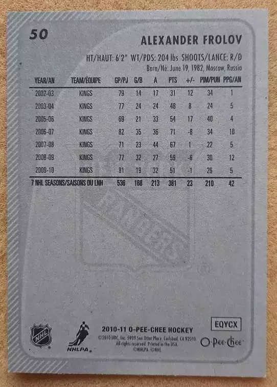 НХЛ Александр Фролов Нью-Йорк Рейнджерс Спартак Крылья Динамо Москва № 50 1