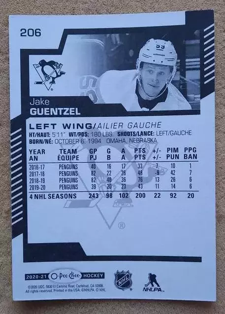 НХЛ Джейк Генцел Питтсбург Пингвинз № 206 1