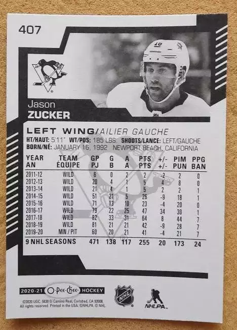 НХЛ Джейсон Цукер Питтсбург Пингвинз № 407 1