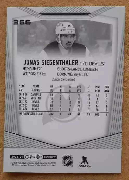 НХЛ Йонас Зигенталер Нью-Джерси Дэвилз № 366 1
