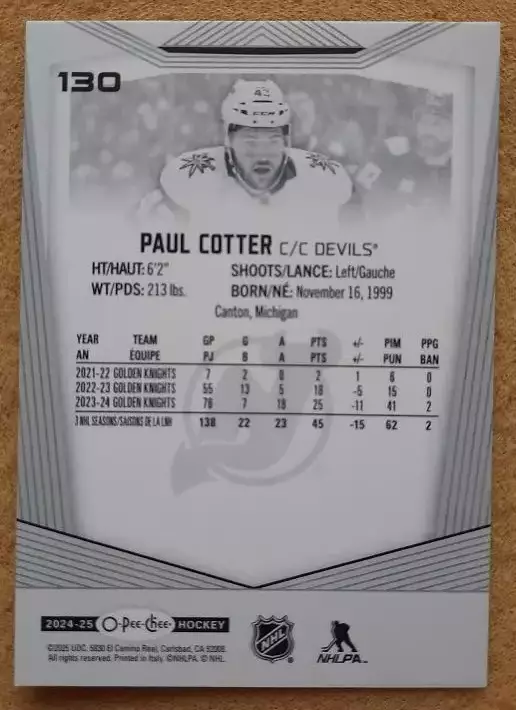 НХЛ Пол Коттер Нью-Джерси Дэвилз № 130 1