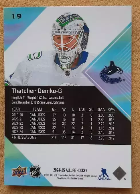 НХЛ Тэтчер Демко Ванкувер Кэнакс № 19 1