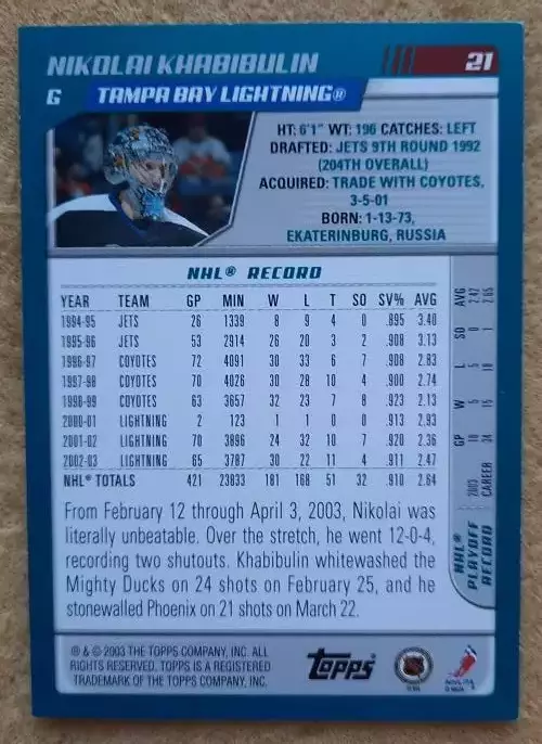 НХЛ Николай Хабибулин Тампа-Бэй Лайтнинг Свердловск ЦСКА Москва Казань № 21 1