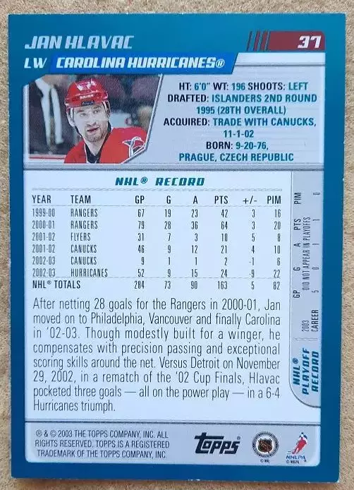 НХЛ Ян Главач Каролина Харрикейнз № 37 1