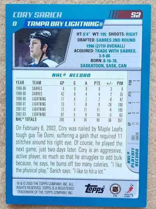 НХЛ Кори Сарич Тампа Бэй Лайтнинг № 52 1