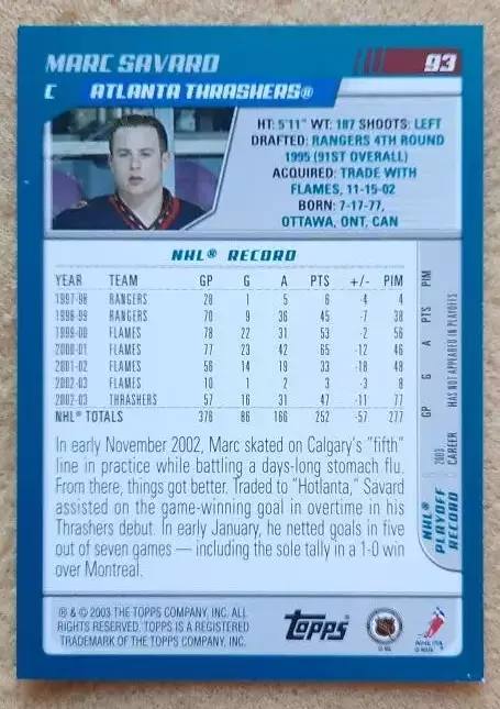 НХЛ Марк Савар Атланта Трэйшерз № 93 1
