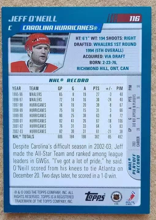 НХЛ Джефф О Нейлл Каролина Харрикейнз № 116 1