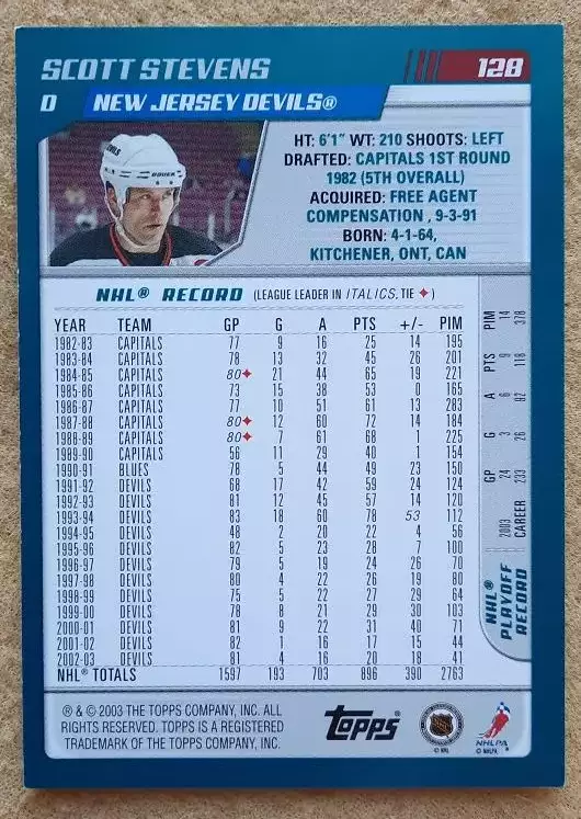 НХЛ Скотт Стивенс Нью-Джерси Дэвилз № 128 1
