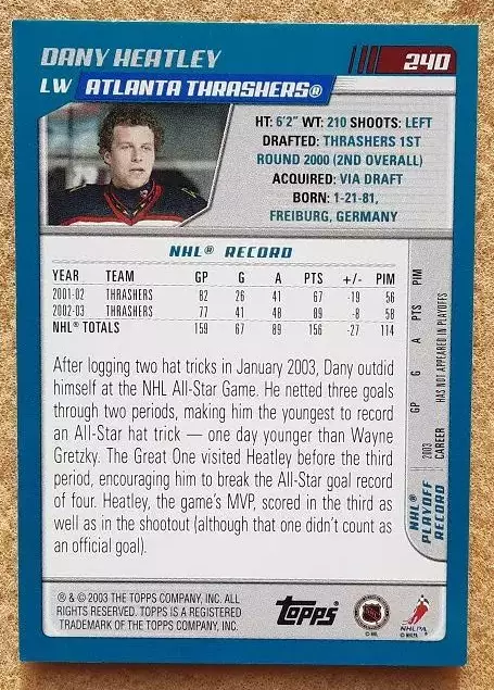 НХЛ Дэни Хитли Атланта Трэйшерз № 240 1