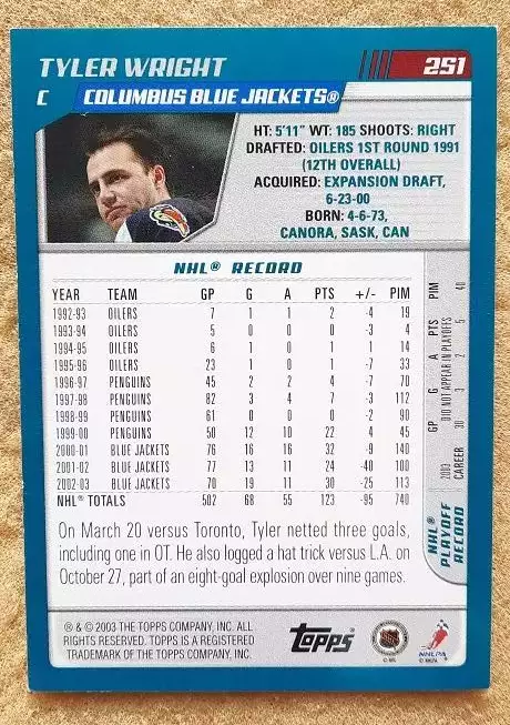 НХЛ Тайлер Райт Коламбус Блю Джекетс № 251 1