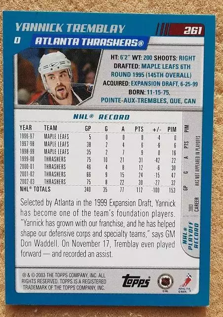 НХЛ Янник Трамбле Атланта Трэшерз № 261 1